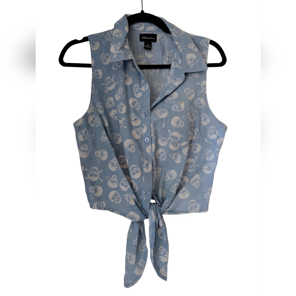 Blue Skull Print Sleeveless Button Down Cropped Sleeveless Shirt - M
